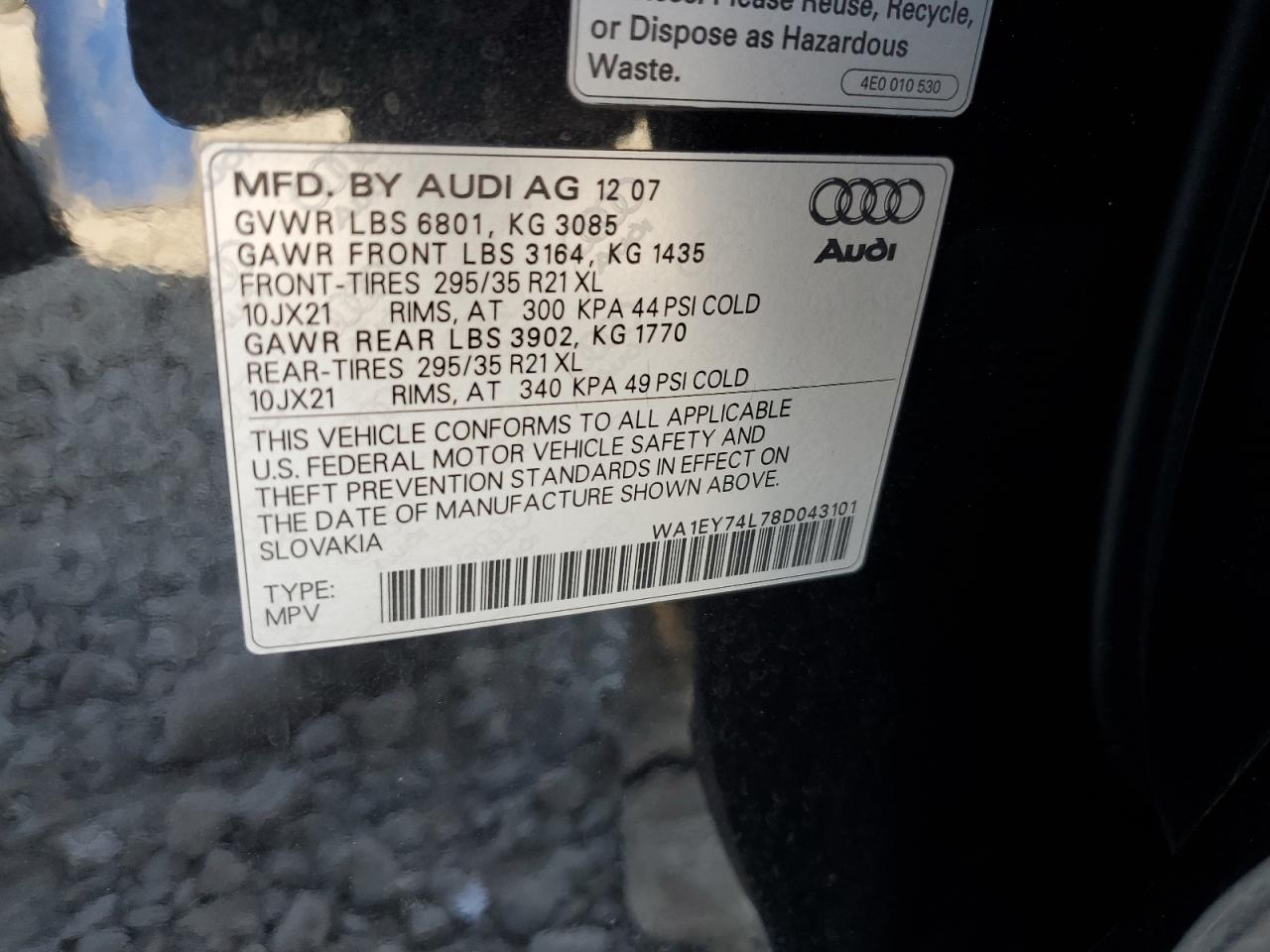 2008 Audi Q7 3.6 Quattro Premium S-Line VIN: WA1EY74L78D043101 Lot: 81747715