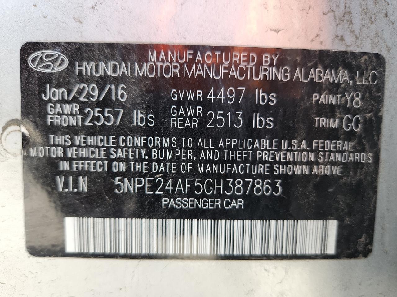 2016 Hyundai Sonata Se VIN: 5NPE24AF5GH387863 Lot: 80763965