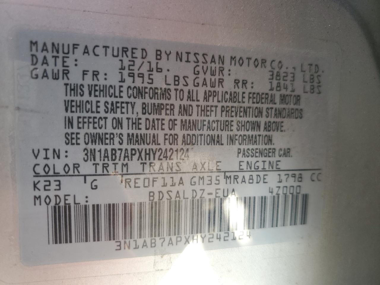 2017 Nissan Sentra S VIN: 3N1AB7APXHY242124 Lot: 81704345