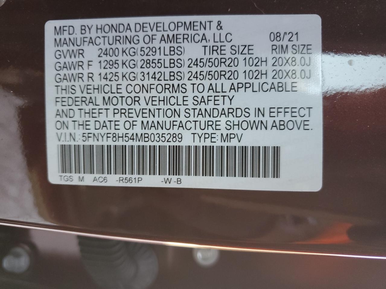 2021 Honda Passport Exl VIN: 5FNYF8H54MB035289 Lot: 70944425