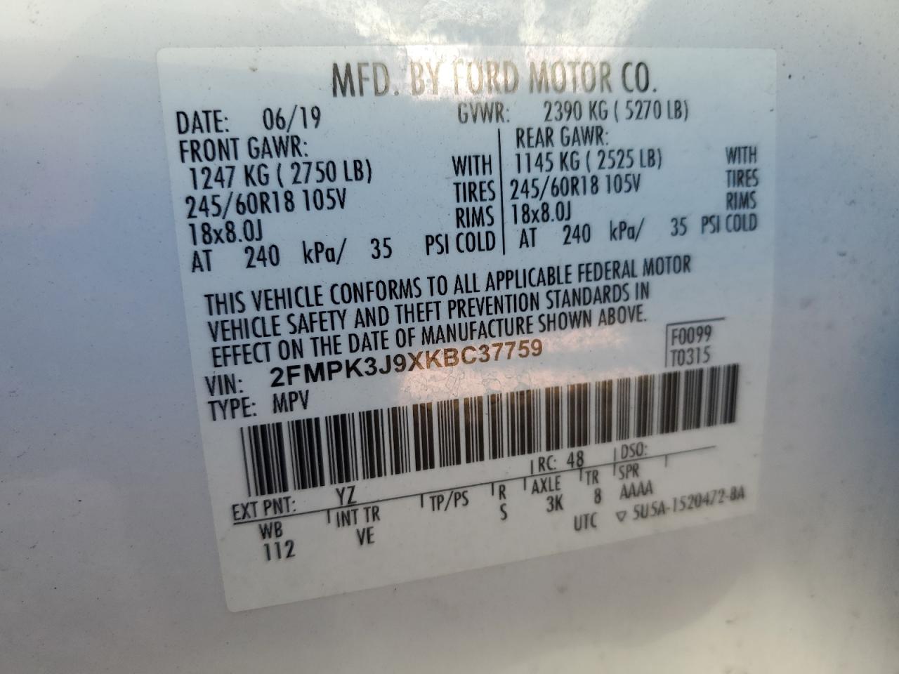 2019 Ford Edge Sel VIN: 2FMPK3J9XKBC37759 Lot: 80294135