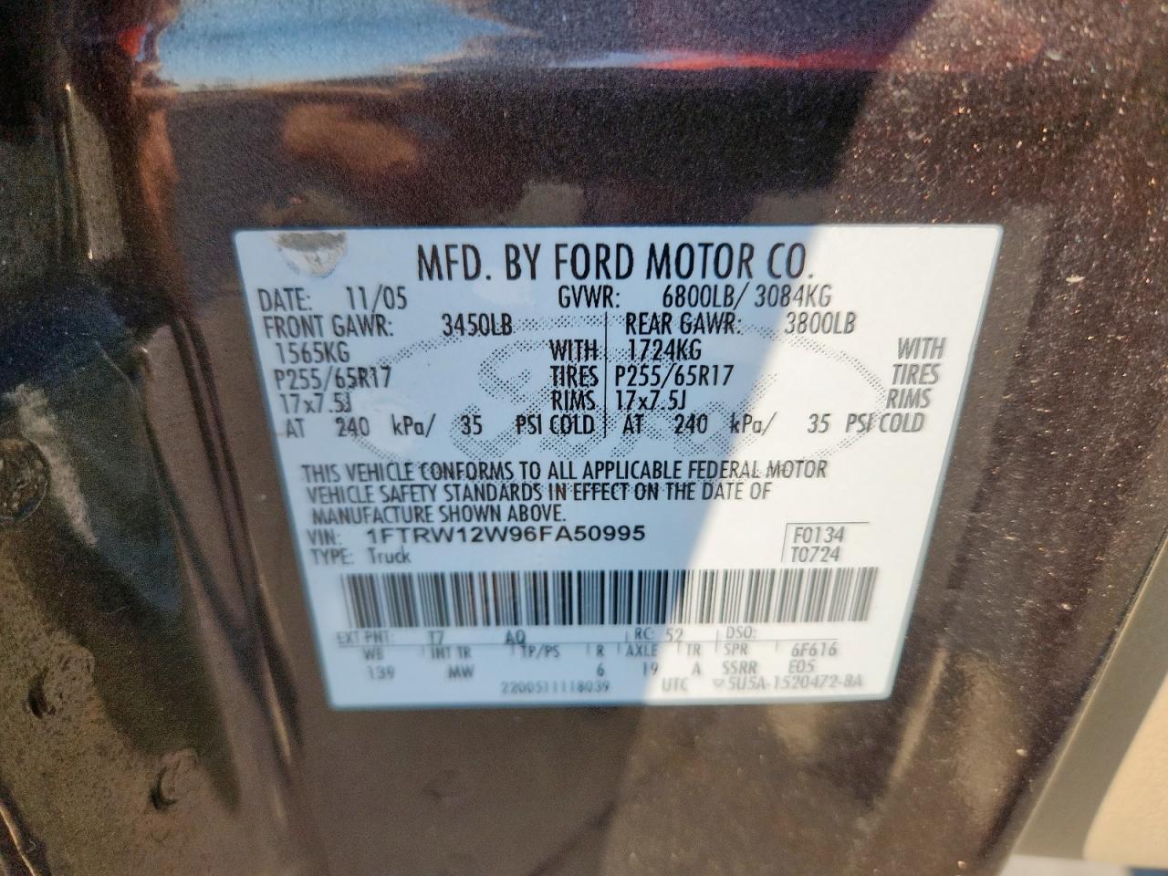 2006 Ford F150 Supercrew VIN: 1FTRW12W96FA50995 Lot: 80687435