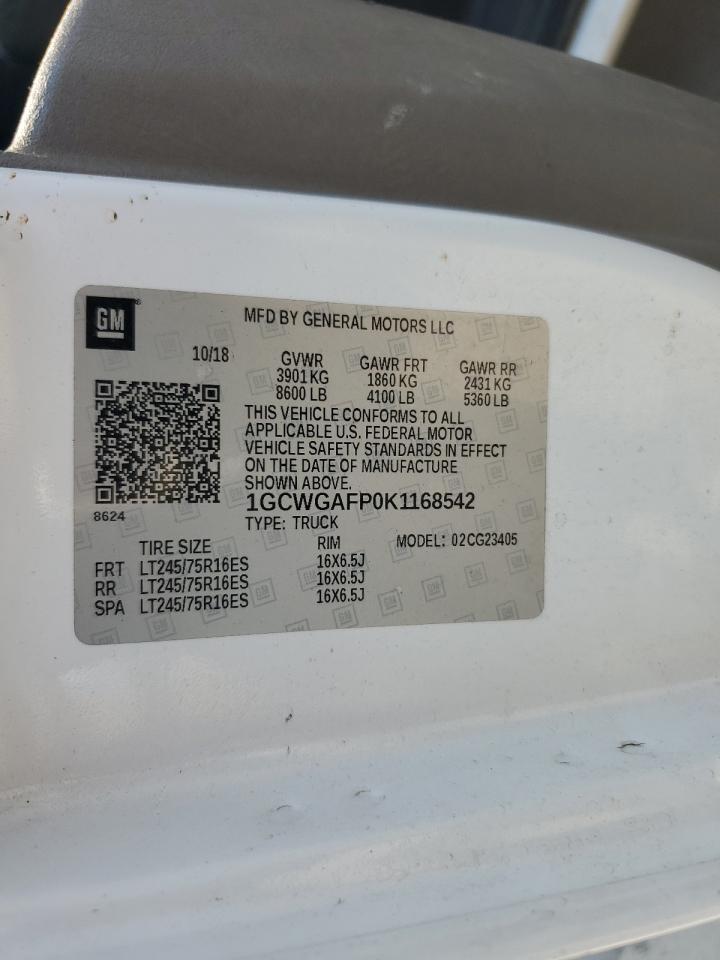 2019 Chevrolet Express G2500 VIN: 1GCWGAFP0K1168542 Lot: 81053705