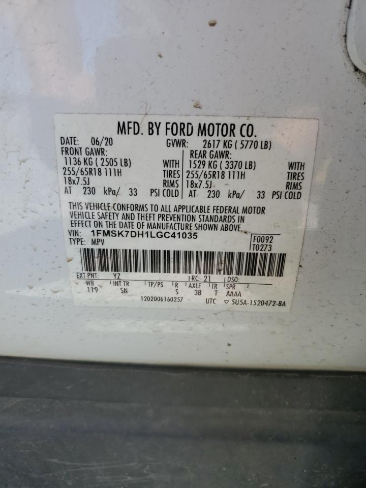 2020 Ford Explorer Xlt VIN: 1FMSK7DH1LGC41035 Lot: 70571945