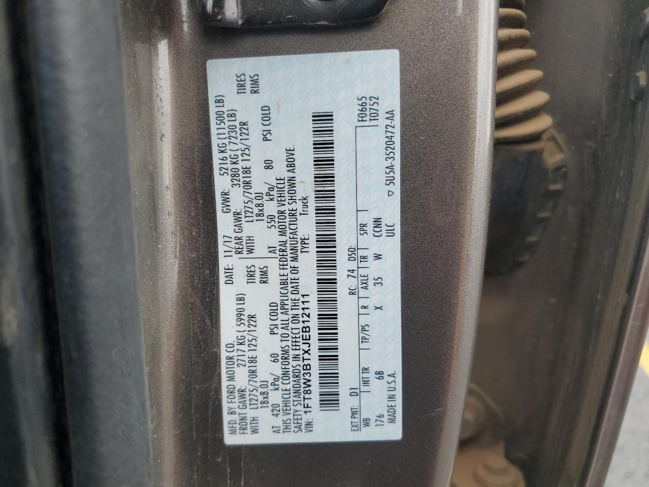 2018 Ford F350 Super Duty VIN: 1FT8W3BTXJEB12111 Lot: 84429465