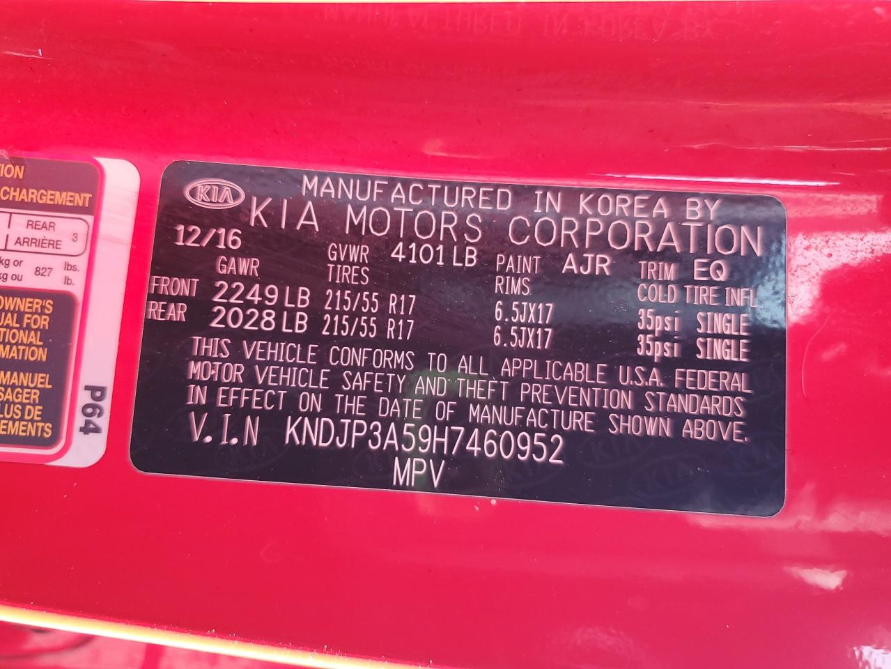 2017 Kia Soul + VIN: KNDJP3A59H7460952 Lot: 86121315