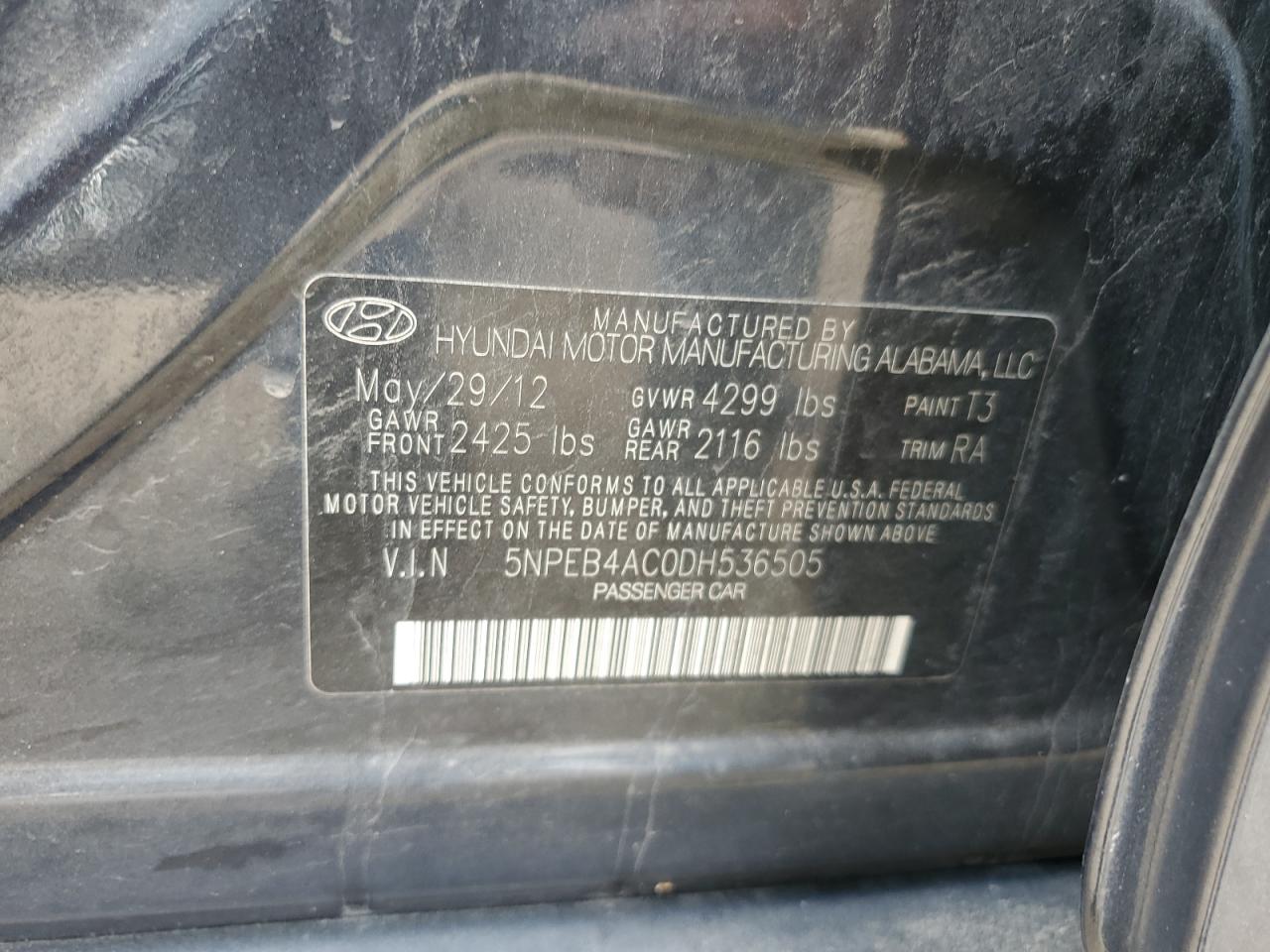 2013 Hyundai Sonata Gls VIN: 5NPEB4AC0DH536505 Lot: 81728995