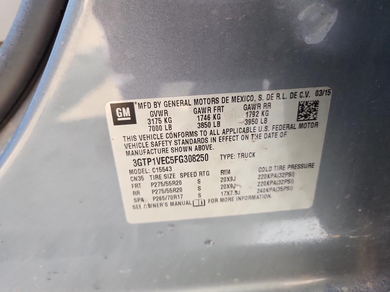 2015 GMC Sierra C1500 Slt VIN: 3GTP1VEC5FG308250 Lot: 71276615