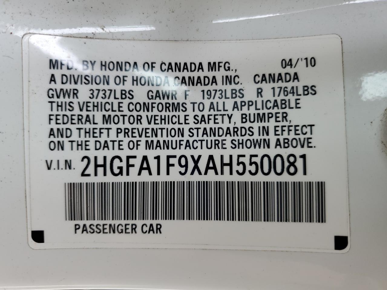 2010 Honda Civic Exl VIN: 2HGFA1F9XAH550081 Lot: 84389725