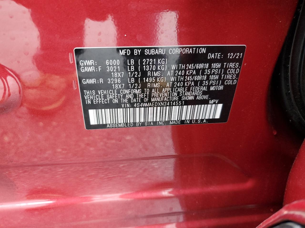 2022 Subaru Ascent Premium VIN: 4S4WMAEDXN3414551 Lot: 82074545