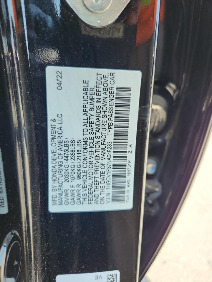 2022 Honda Accord Sport VIN: 1HGCV1F37NA048233 Lot: 71700525