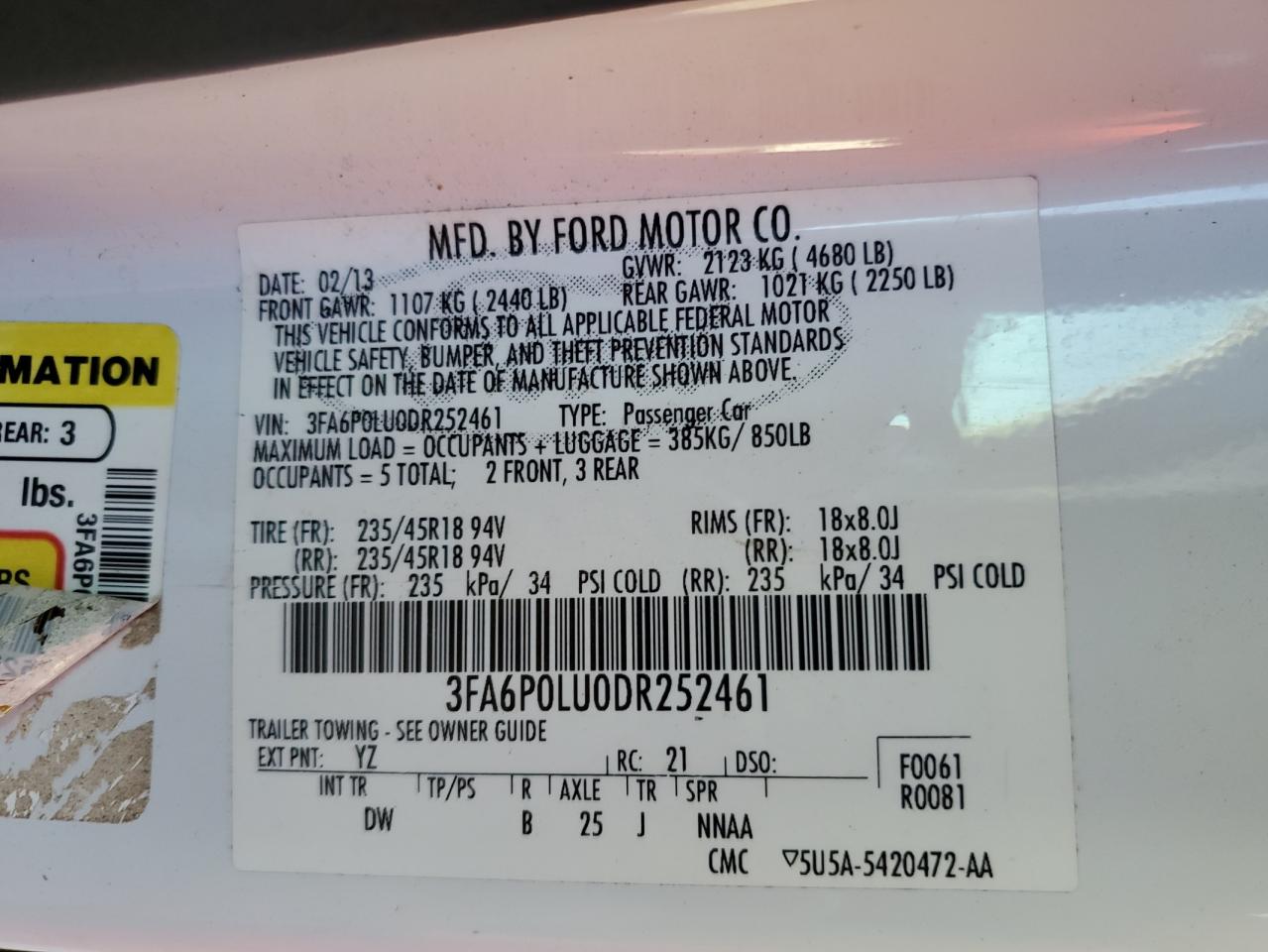 2013 Ford Fusion Se Hybrid VIN: 3FA6P0LU0DR252461 Lot: 82164465