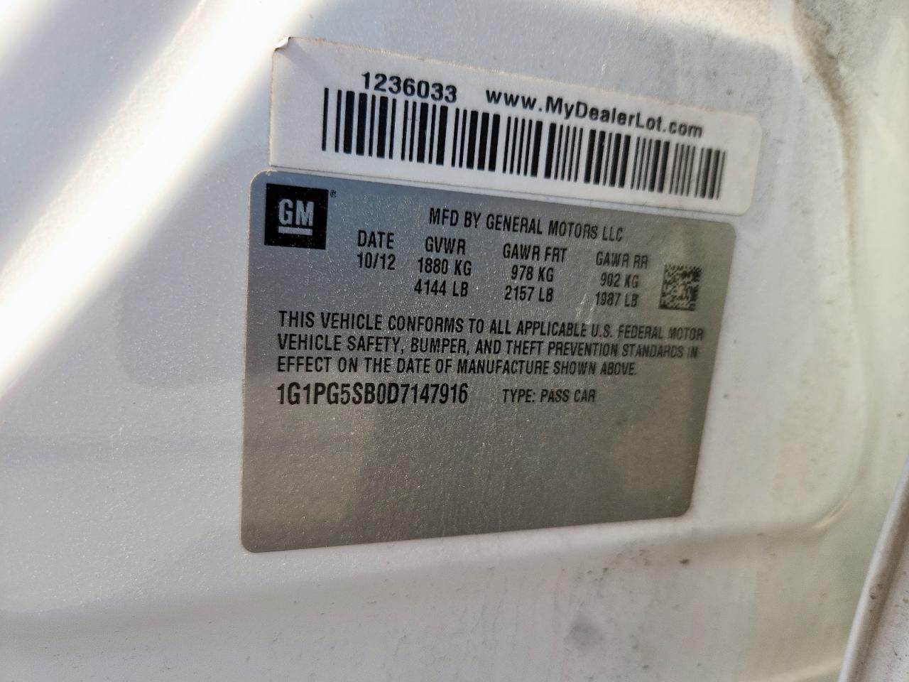 2013 Chevrolet Cruze Ltz VIN: 1G1PG5SB0D7147916 Lot: 84448215