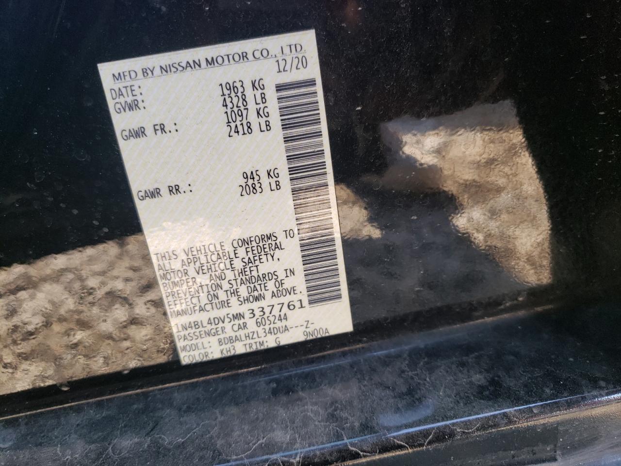 2021 Nissan Altima Sv VIN: 1N4BL4DV5MN337761 Lot: 71120535