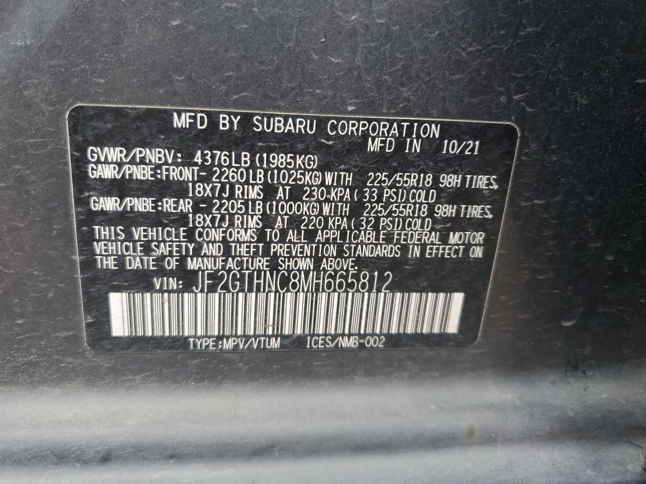 2021 Subaru Crosstrek Limited VIN: JF2GTHNC8MH665812 Lot: 71900475