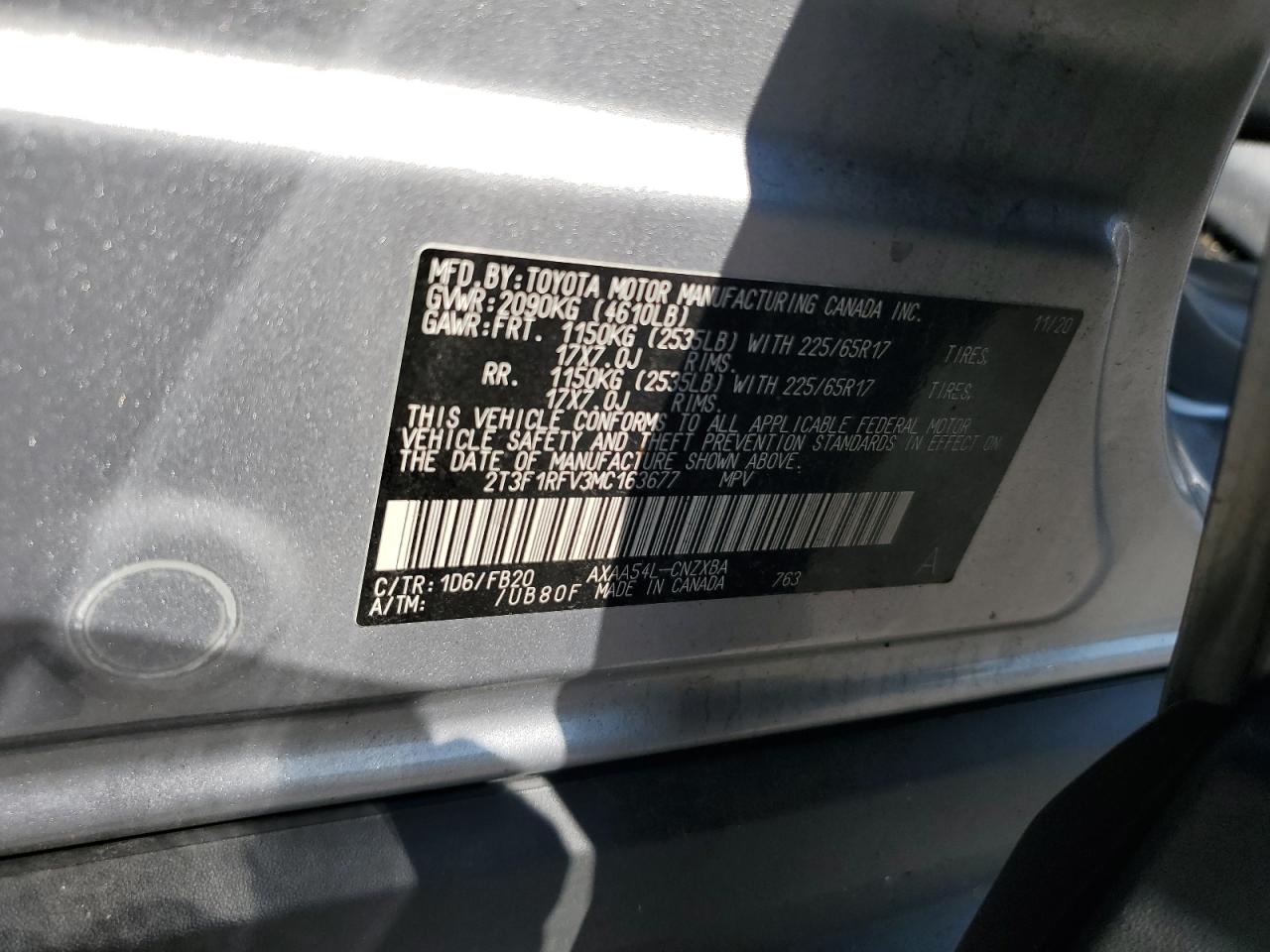 2021 Toyota Rav4 Le VIN: 2T3F1RFV3MC163677 Lot: 80180565