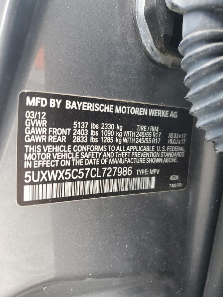 2012 BMW X3 xDrive28I VIN: 5UXWX5C57CL727986 Lot: 70175155