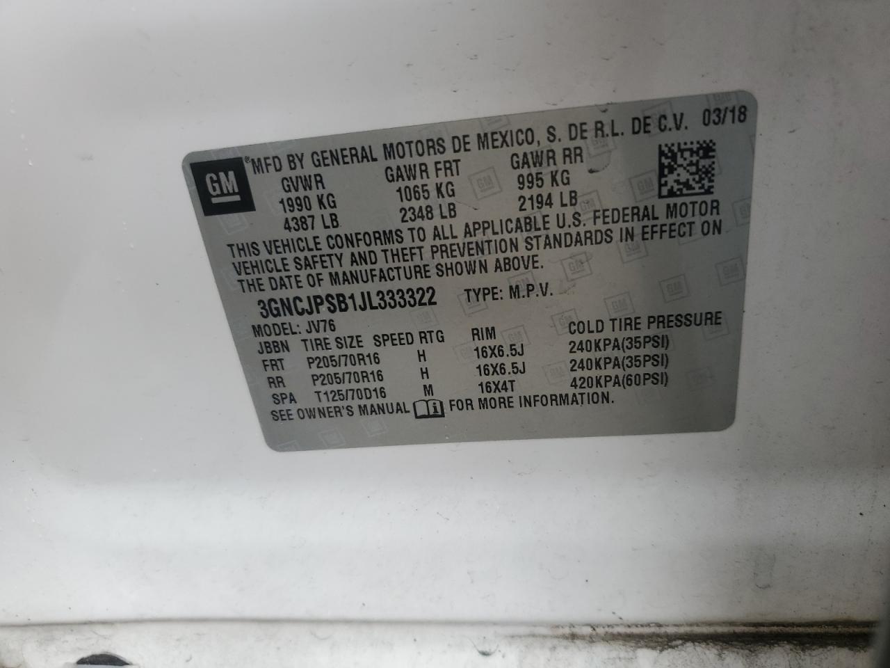 2018 Chevrolet Trax 1Lt VIN: 3GNCJPSB1JL333322 Lot: 80442125