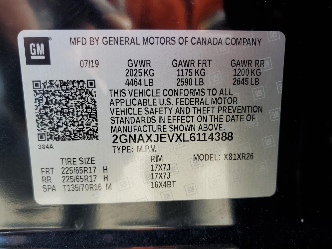 2020 Chevrolet Equinox Lt VIN: 2GNAXJEVXL6114388 Lot: 81681925