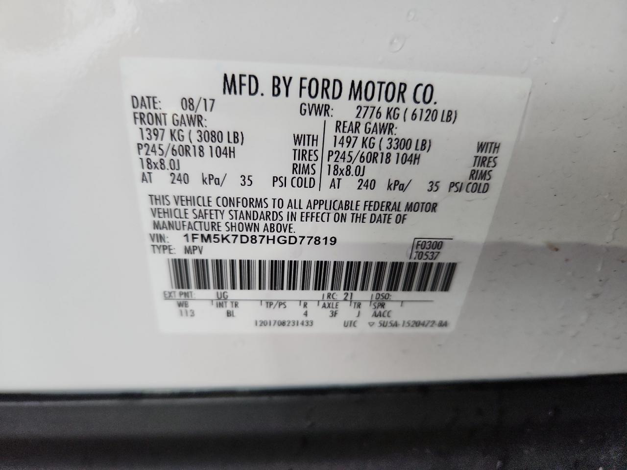 2017 Ford Explorer Xlt VIN: 1FM5K7D87HGD77819 Lot: 81791475