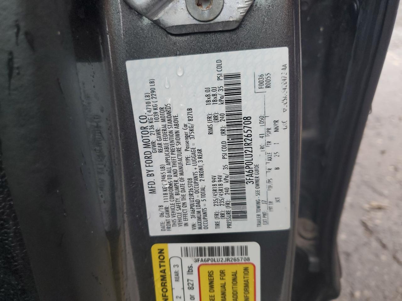 2018 Ford Fusion Se Hybrid VIN: 3FA6P0LU2JR265708 Lot: 81673025