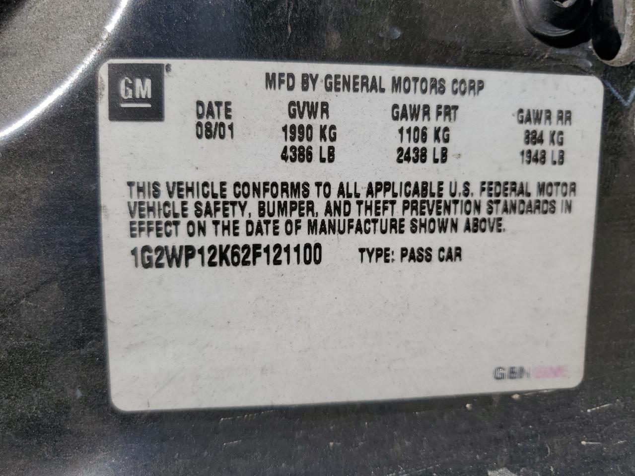 2002 Pontiac Grand Prix Gt VIN: 1G2WP12K62F121100 Lot: 71308245