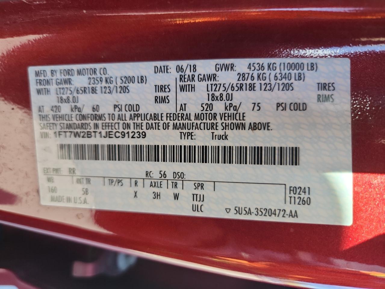 2018 Ford F250 Super Duty VIN: 1FT7W2BT1JEC91239 Lot: 80390065
