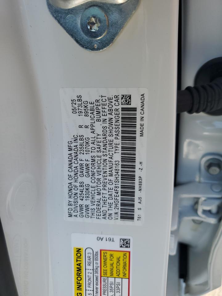 2025 Honda Civic Sport VIN: 2HGFE4F81SH348163 Lot: 80776315