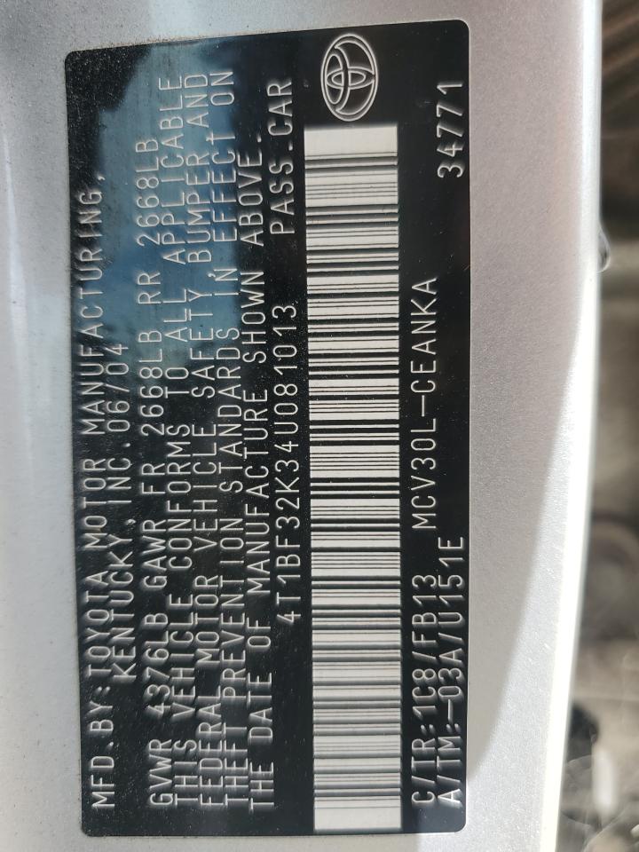 2004 Toyota Camry Le VIN: 4T1BF32K34U081013 Lot: 84744375