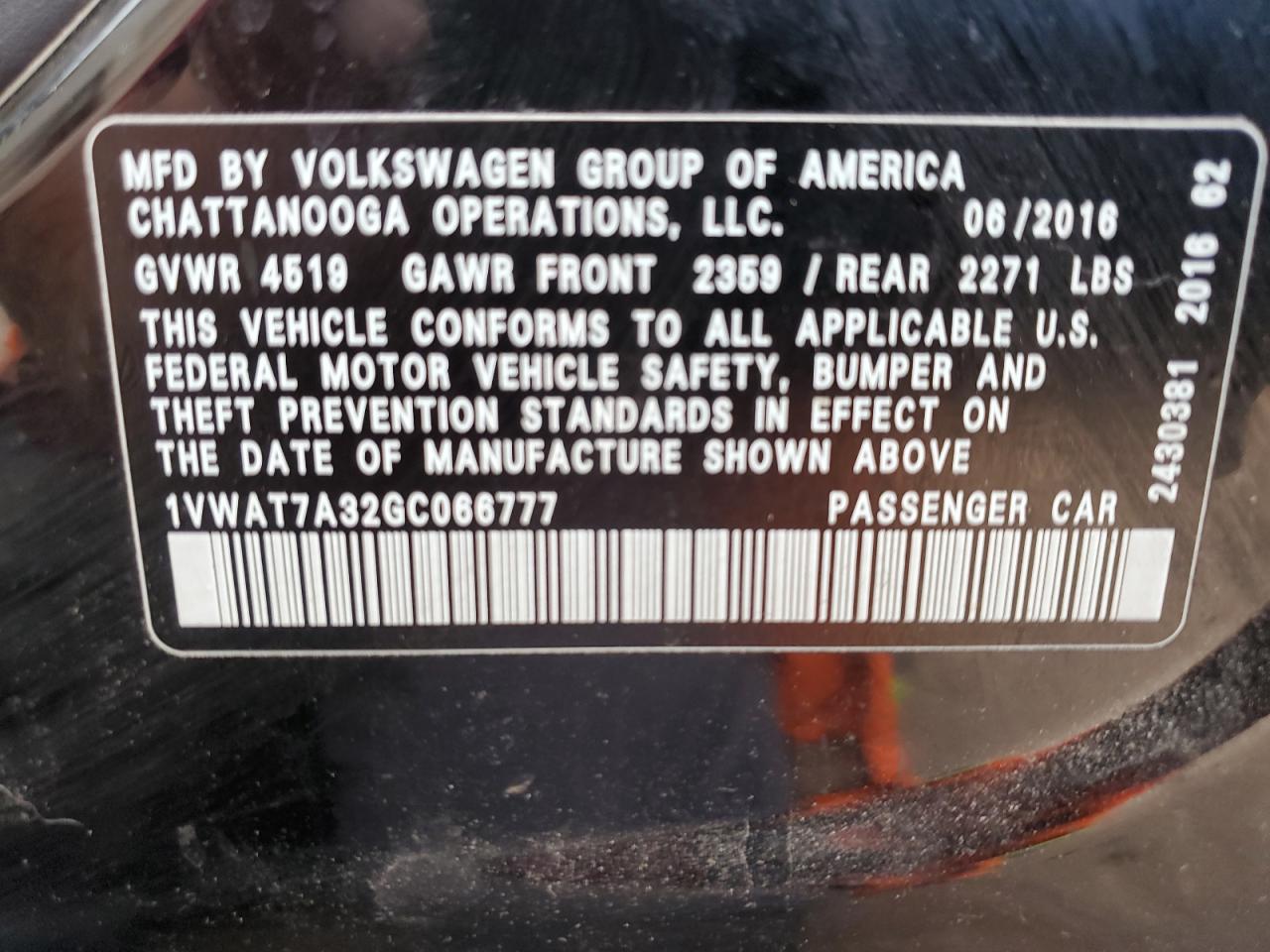 2016 Volkswagen Passat S VIN: 1VWAT7A32GC066777 Lot: 80497605