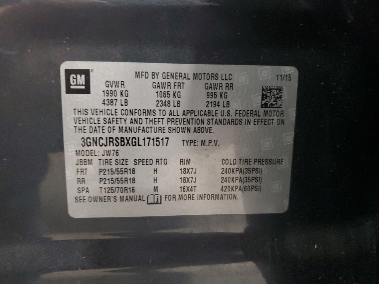 2016 Chevrolet Trax Ltz VIN: 3GNCJRSBXGL171517 Lot: 71493305