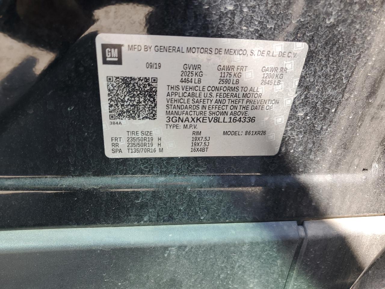 2020 Chevrolet Equinox Lt VIN: 3GNAXKEV8LL164336 Lot: 70990215