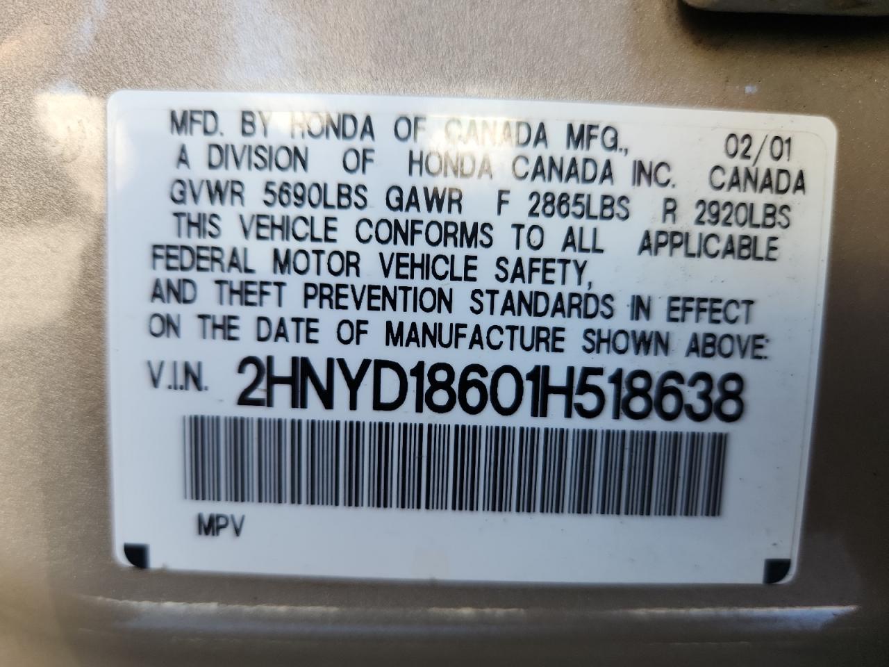 2001 Acura Mdx Touring VIN: 2HNYD18601H518638 Lot: 80526865