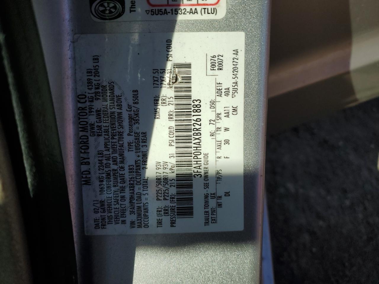 2011 Ford Fusion Se VIN: 3FAHP0HAXBR261883 Lot: 81754225