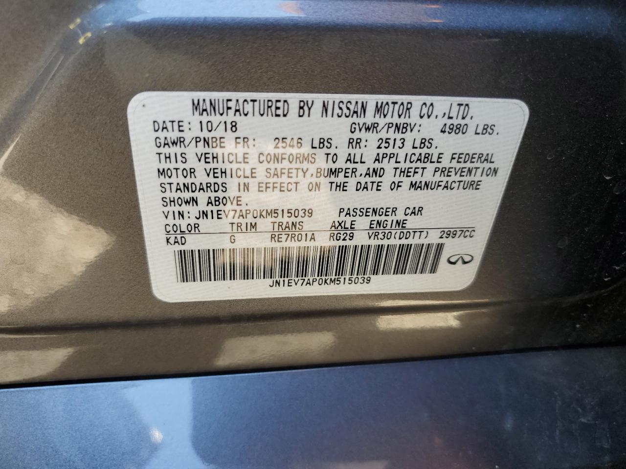 2019 Infiniti Q50 Luxe VIN: JN1EV7AP0KM515039 Lot: 82126525
