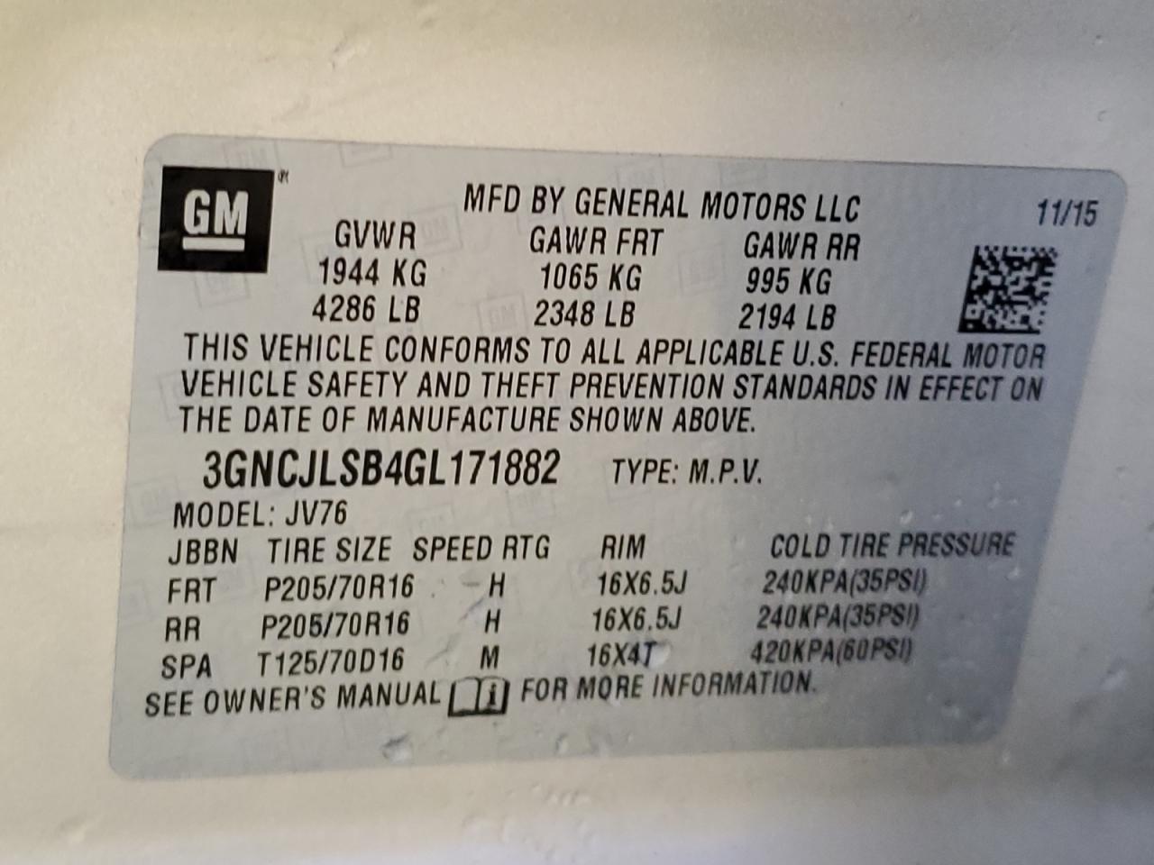 2016 Chevrolet Trax 1Lt VIN: 3GNCJLSB4GL171882 Lot: 71835405