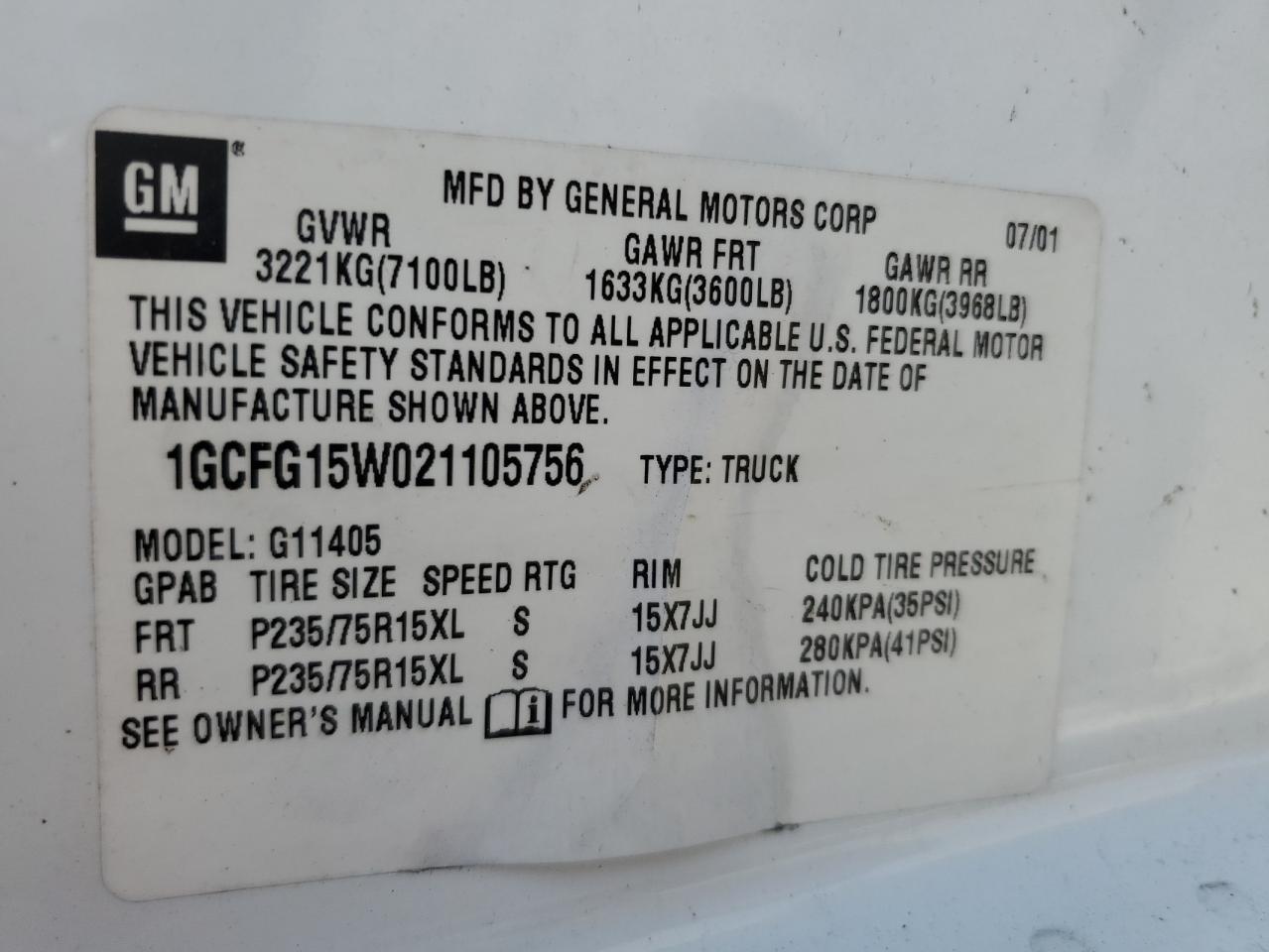 2002 Chevrolet Express G1500 VIN: 1GCFG15W021105756 Lot: 80535085