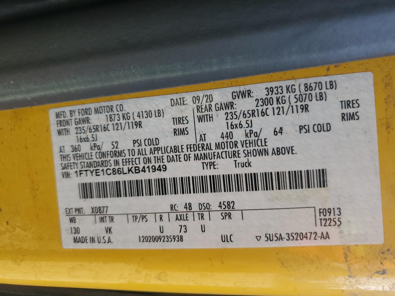 2020 Ford Transit T-150 VIN: 1FTYE1C86LKB41949 Lot: 83839275