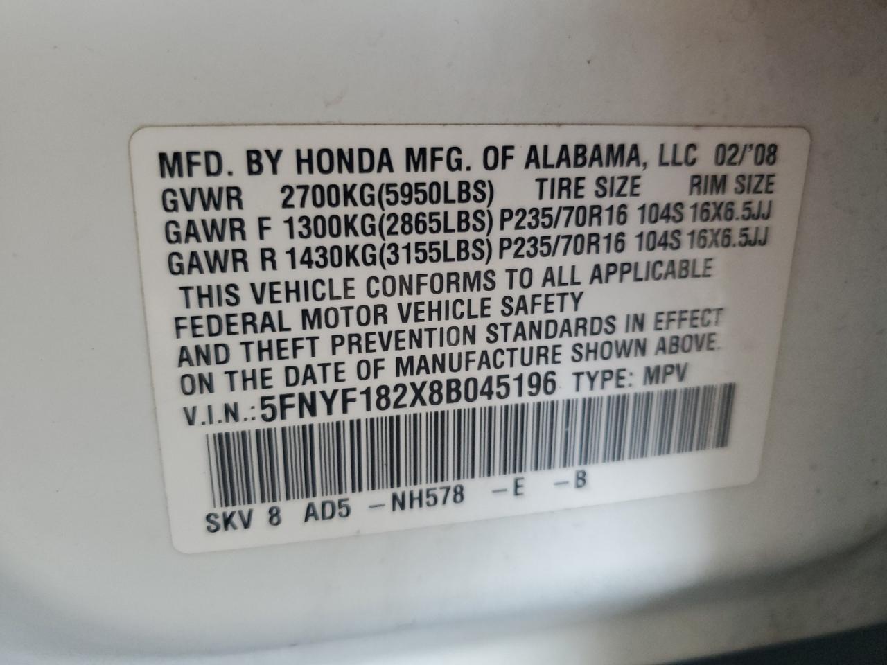 2008 Honda Pilot Vp VIN: 5FNYF182X8B045196 Lot: 81473945