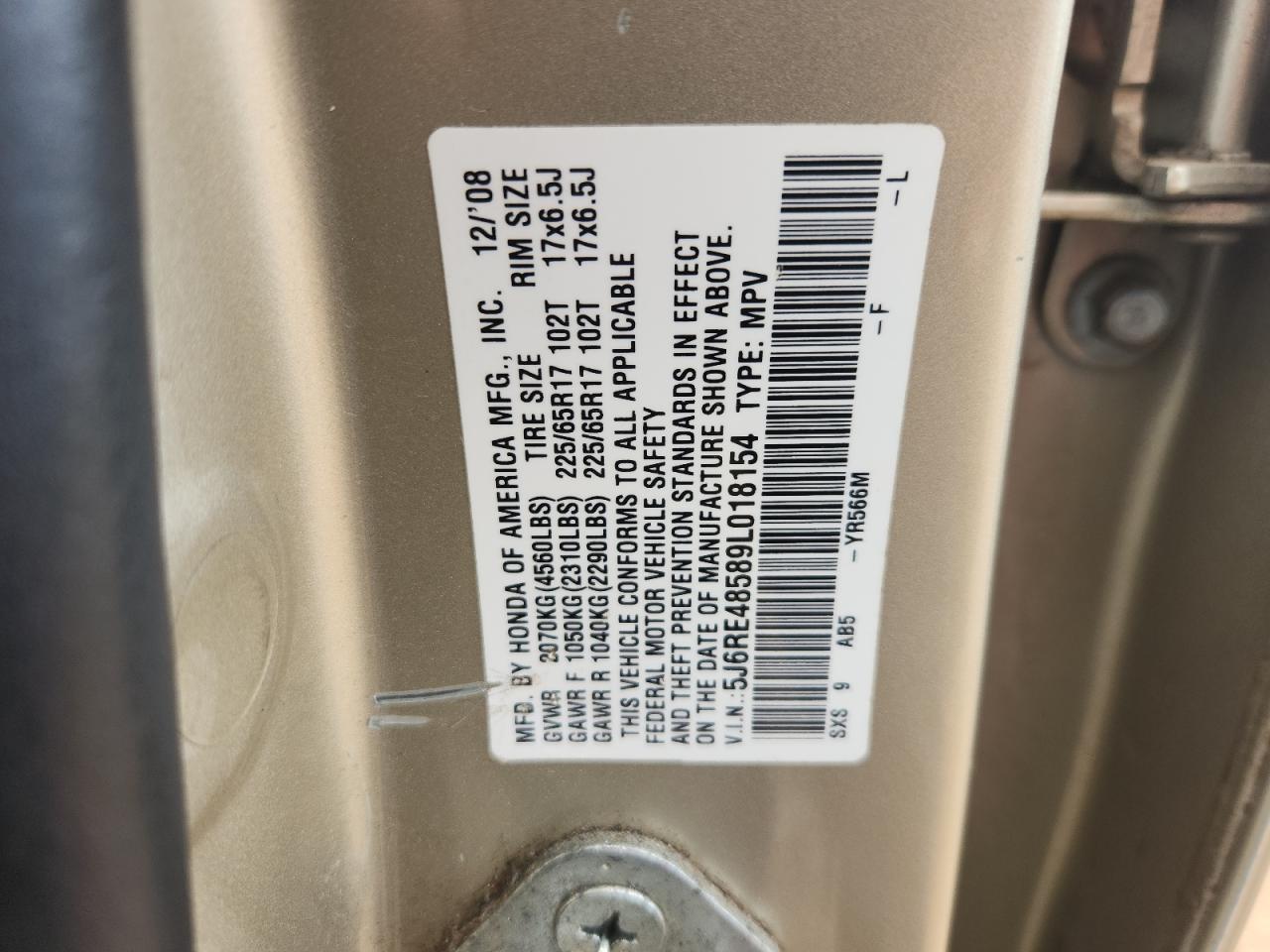 2009 Honda Cr-V Ex VIN: 5J6RE48589L018154 Lot: 81452005