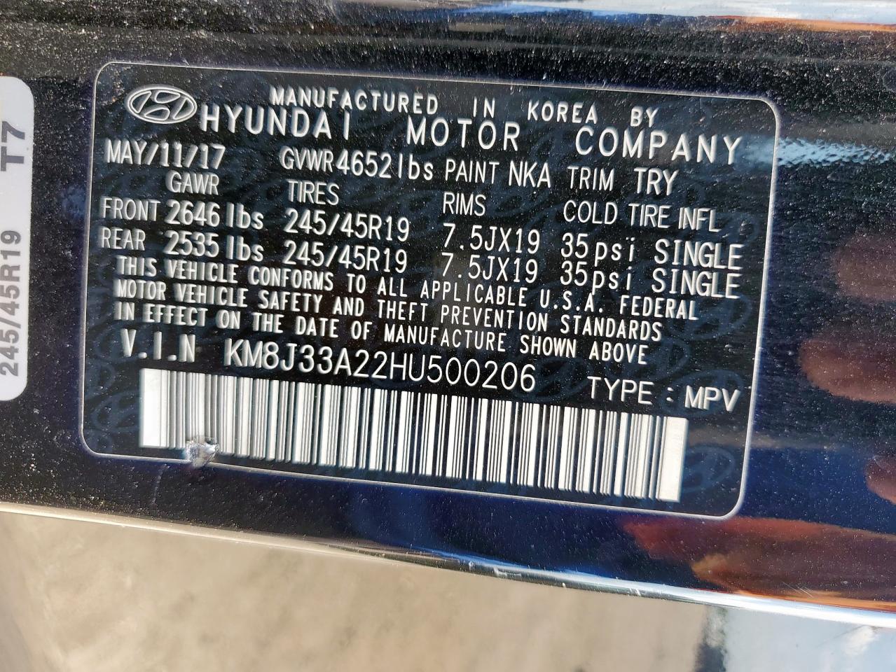 2017 Hyundai Tucson Limited VIN: KM8J33A22HU500206 Lot: 71537915