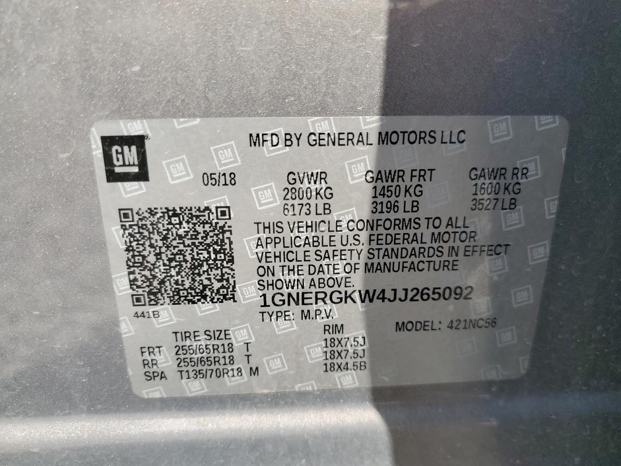 2018 Chevrolet Traverse Lt VIN: 1GNERGKW4JJ265092 Lot: 71537025