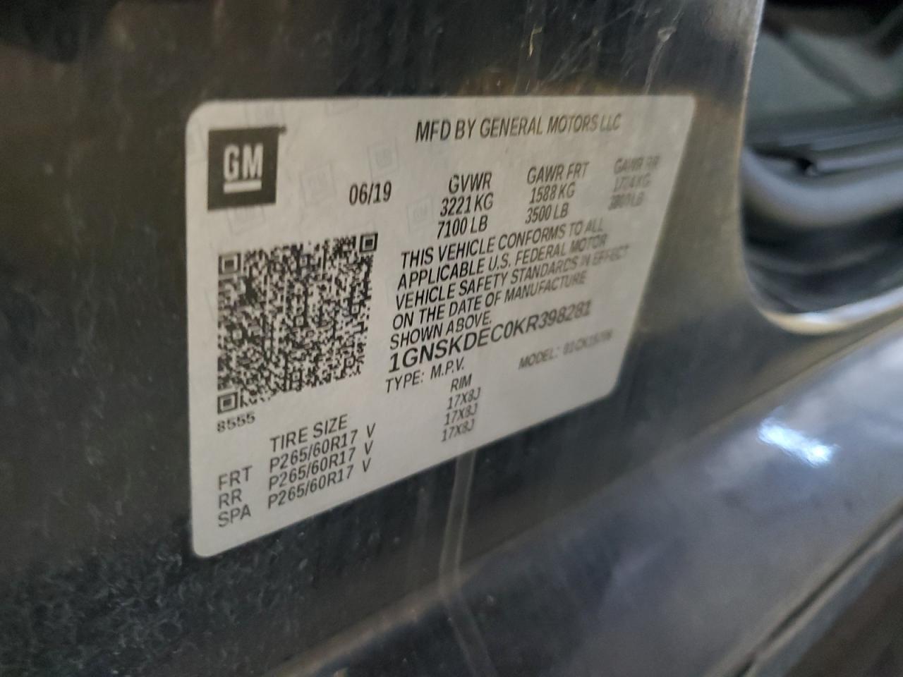 2019 Chevrolet Tahoe Police VIN: 1GNSKDEC0KR398281 Lot: 84631075