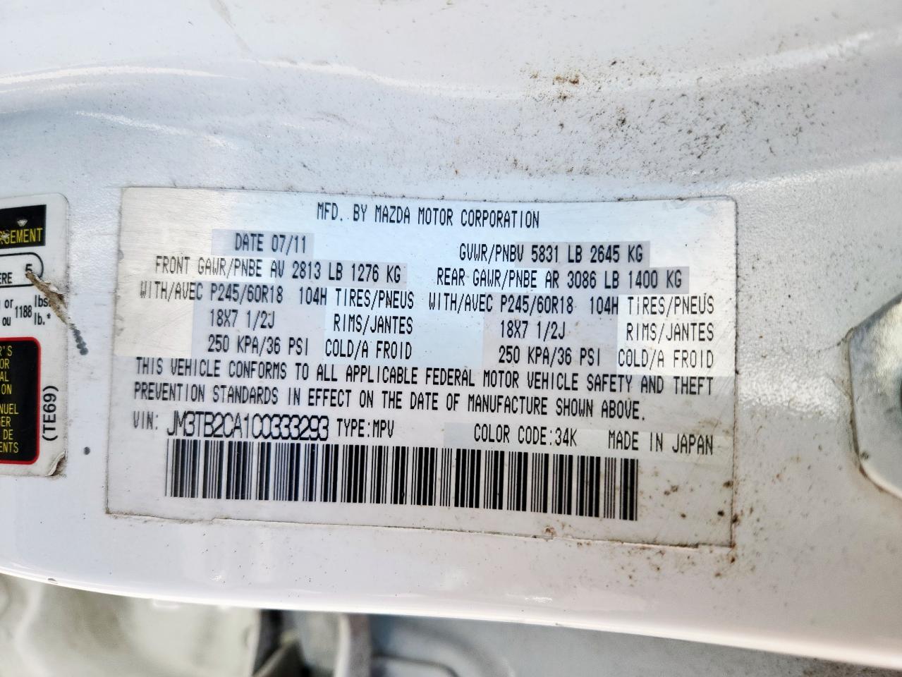 2012 Mazda Cx-9 VIN: JM3TB2CA1C0333293 Lot: 80135375