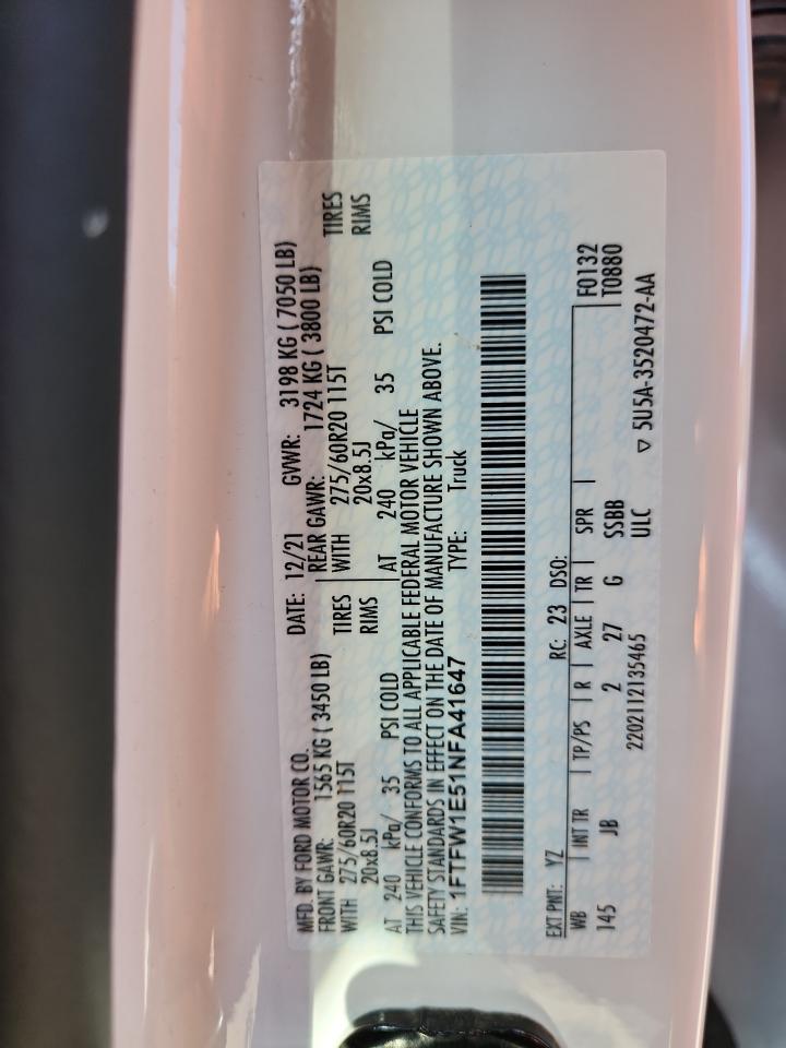 2022 Ford F150 Supercrew VIN: 1FTFW1E51NFA41647 Lot: 71669405