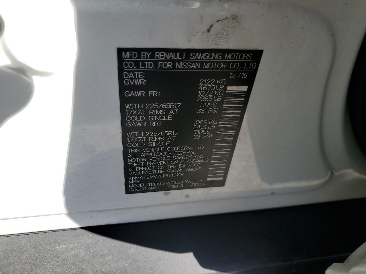 2017 Nissan Rogue S VIN: KNMAT2MV7HP543104 Lot: 84281675