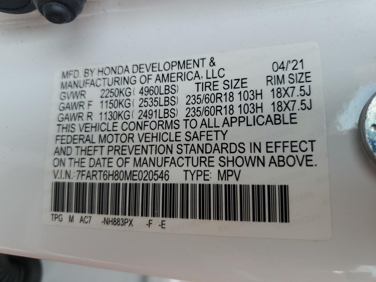 2021 Honda Cr-V Exl VIN: 7FART6H80ME020546 Lot: 71870095
