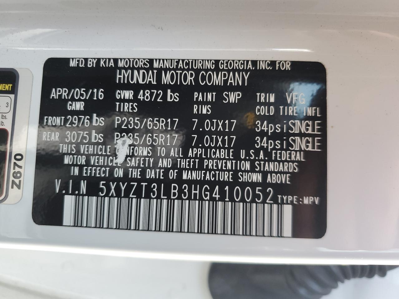 2017 Hyundai Santa Fe Sport VIN: 5XYZT3LB3HG410052 Lot: 80092135