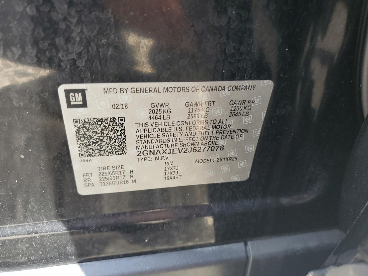 2018 Chevrolet Equinox Lt VIN: 2GNAXJEV2J6277078 Lot: 80742655