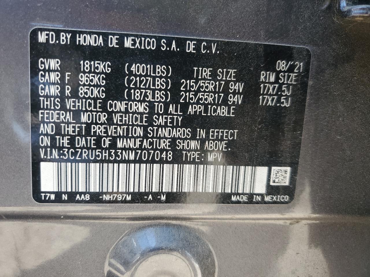 2022 Honda Hr-V Lx VIN: 3CZRU5H33NM707048 Lot: 80670295